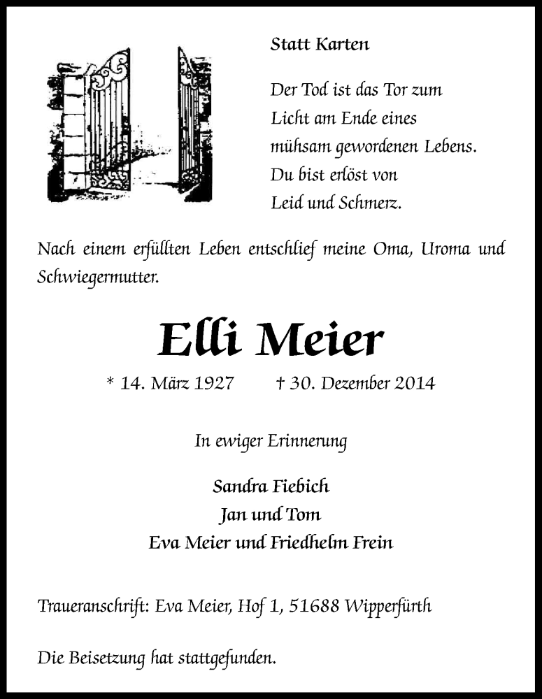  Traueranzeige für Elli Meier vom 15.01.2015 aus Kölner Stadt-Anzeiger / Kölnische Rundschau / Express