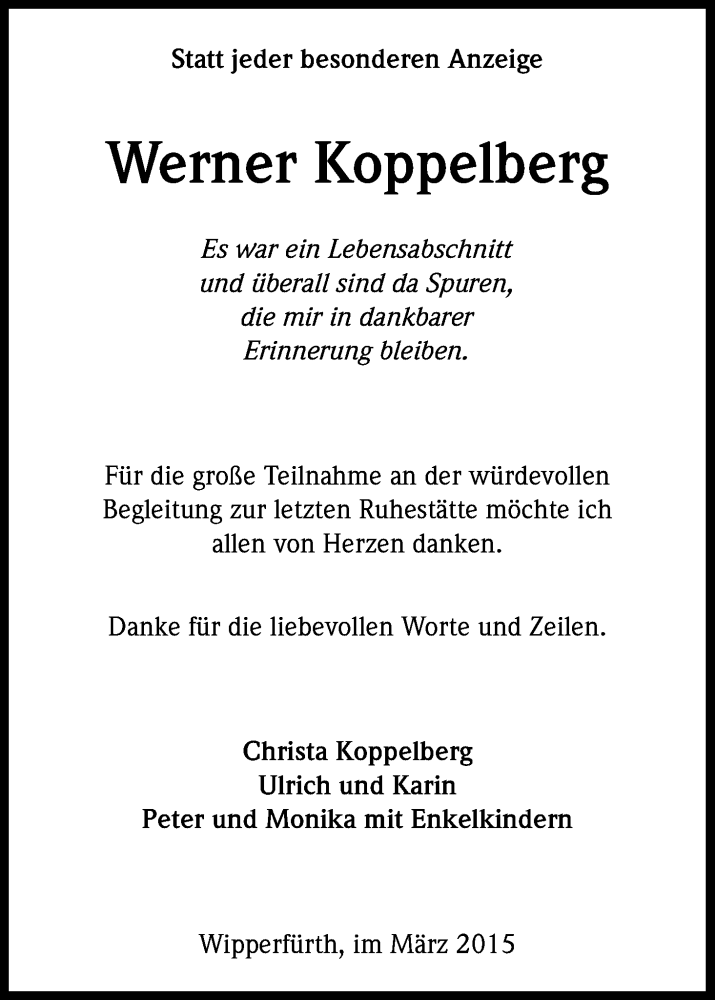 Traueranzeige für Werner Koppelberg vom 21.03.2015 aus Kölner Stadt-Anzeiger / Kölnische Rundschau / Express