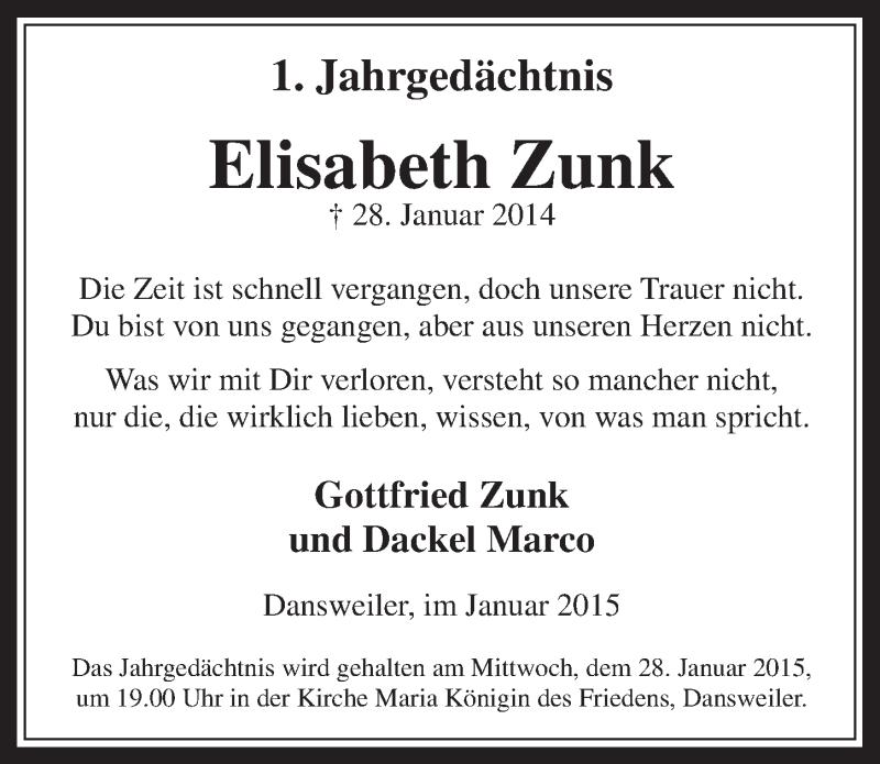  Traueranzeige für Elisabeth Zunk vom 21.01.2015 aus  Wochenende 