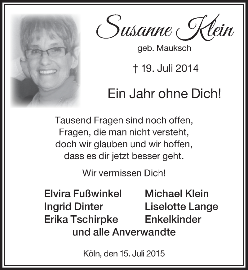  Traueranzeige für Susanne Klein vom 15.07.2015 aus  Kölner Wochenspiegel 