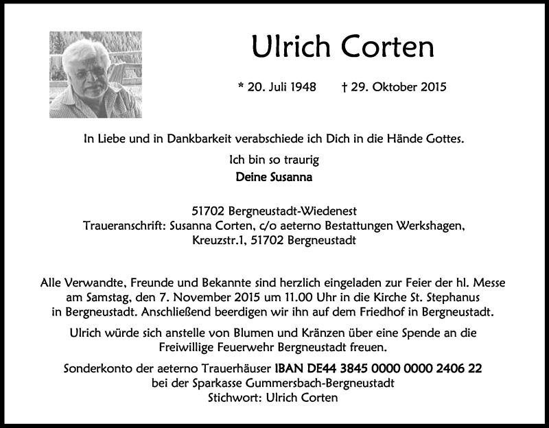  Traueranzeige für Ulrich Corten vom 03.11.2015 aus Kölner Stadt-Anzeiger / Kölnische Rundschau / Express
