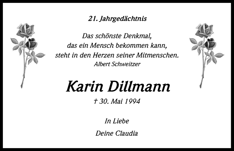  Traueranzeige für Karin Dillmann vom 30.05.2015 aus Kölner Stadt-Anzeiger / Kölnische Rundschau / Express