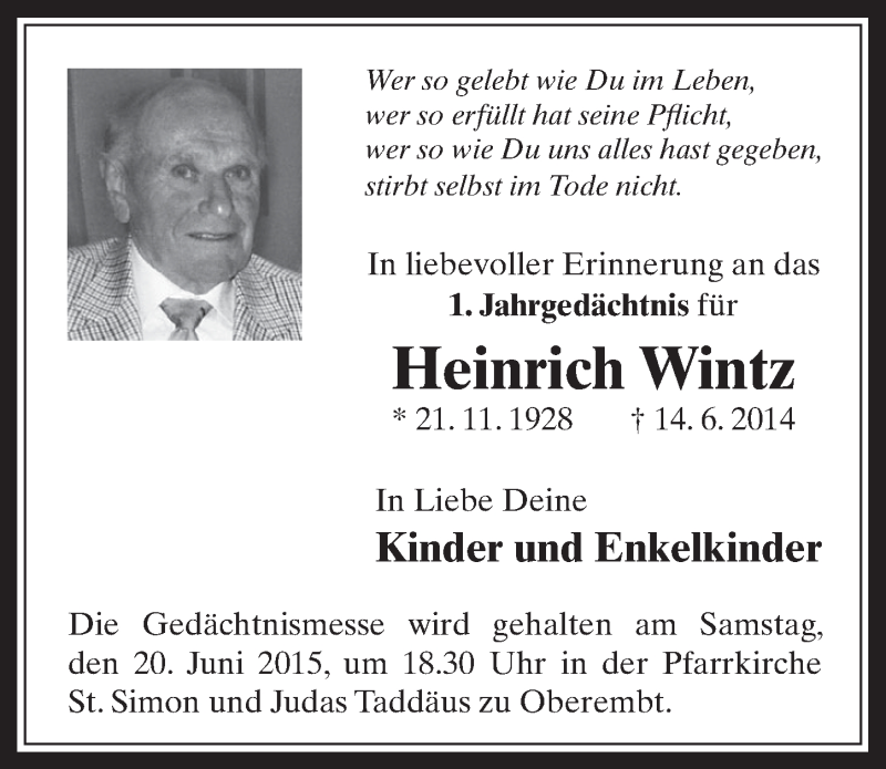  Traueranzeige für Heinrich Wintz vom 17.06.2015 aus  Werbepost 