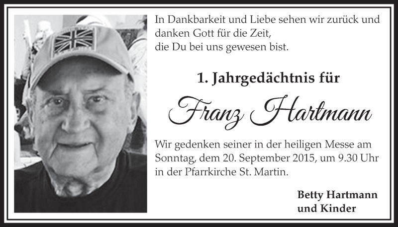  Traueranzeige für Franz Hartmann vom 16.09.2015 aus  Schlossbote/Werbekurier 