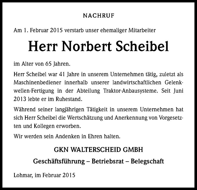  Traueranzeige für Norbert Scheibel vom 19.02.2015 aus Kölner Stadt-Anzeiger / Kölnische Rundschau / Express