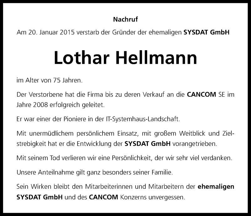  Traueranzeige für Lothar Hellmann vom 07.02.2015 aus Kölner Stadt-Anzeiger / Kölnische Rundschau / Express