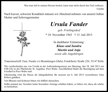 Anzeige von Ursula Fander von  Kölner Wochenspiegel 