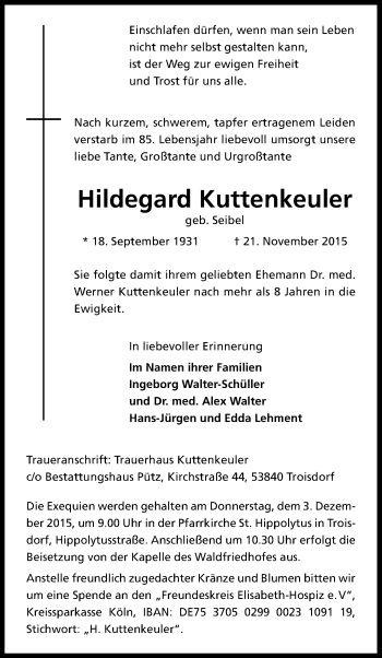 Anzeige von Hildegard Kuttenkeuler von Kölner Stadt-Anzeiger / Kölnische Rundschau / Express