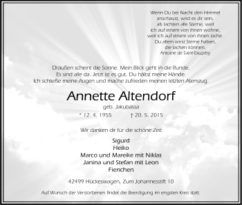 Anzeige von Annette Altendorf von Kölner Stadt-Anzeiger / Kölnische Rundschau / Express