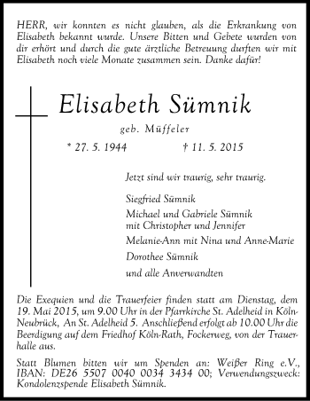 Anzeige von Elisabeth Sümnik von Kölner Stadt-Anzeiger / Kölnische Rundschau / Express