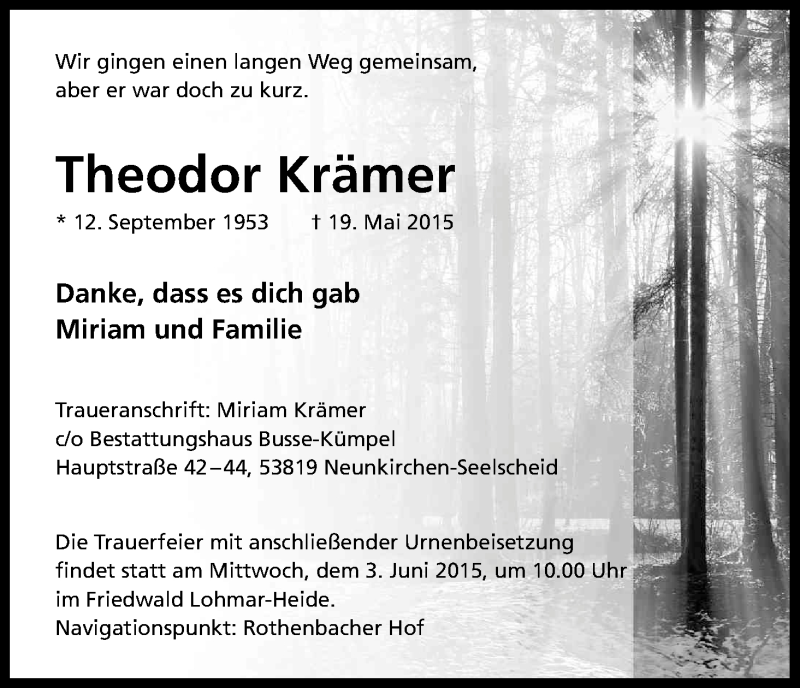  Traueranzeige für Theodor Krämer vom 23.05.2015 aus Kölner Stadt-Anzeiger / Kölnische Rundschau / Express