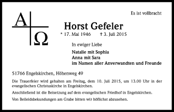 Anzeige von Horst Gefeler von Kölner Stadt-Anzeiger / Kölnische Rundschau / Express