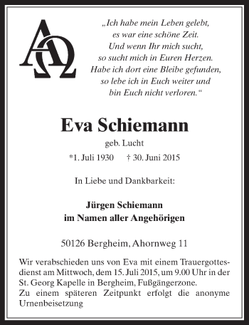 Anzeige von Eva Schiemann von  Werbepost 