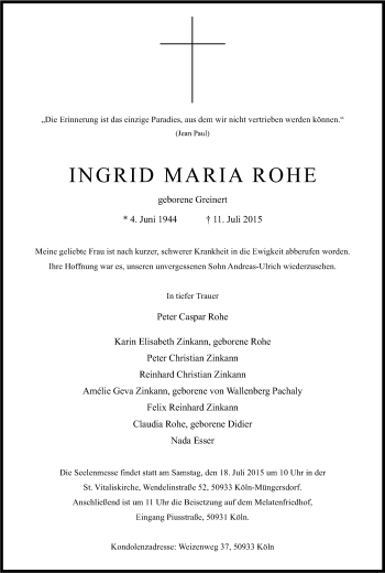 Anzeige von Ingrid Maria Rohe von Kölner Stadt-Anzeiger / Kölnische Rundschau / Express