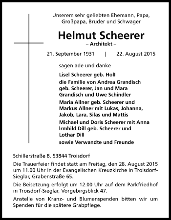 Anzeige von Helmut Scheerer von Kölner Stadt-Anzeiger / Kölnische Rundschau / Express