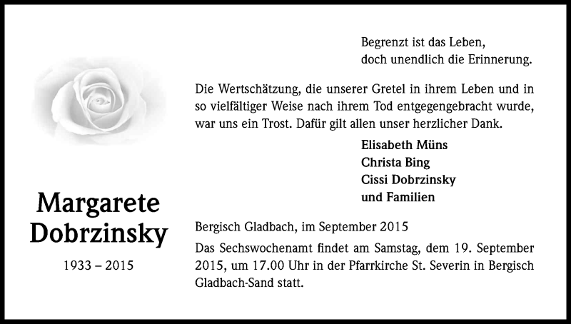  Traueranzeige für Margarete Dobrzinsky vom 12.09.2015 aus Kölner Stadt-Anzeiger / Kölnische Rundschau / Express