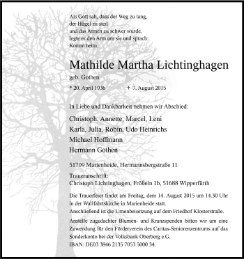 Anzeige von Mathilde Martha Lichtinghagen von Kölner Stadt-Anzeiger / Kölnische Rundschau / Express