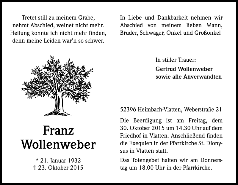  Traueranzeige für Franz Wollenweber vom 28.10.2015 aus Kölner Stadt-Anzeiger / Kölnische Rundschau / Express