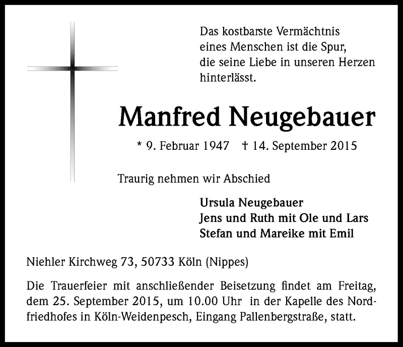  Traueranzeige für Manfred Neugebauer vom 19.09.2015 aus Kölner Stadt-Anzeiger / Kölnische Rundschau / Express