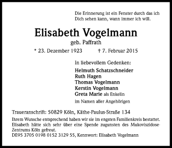 Anzeige von Elisabeth Vogelmann von Kölner Stadt-Anzeiger / Kölnische Rundschau / Express