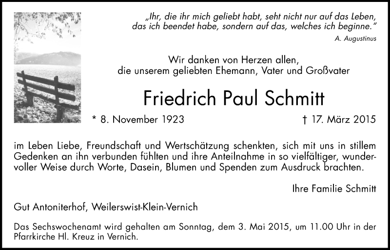 Traueranzeige für Friedrich Paul Schmitt vom 26.04.2015 aus  Blickpunkt Euskirchen 