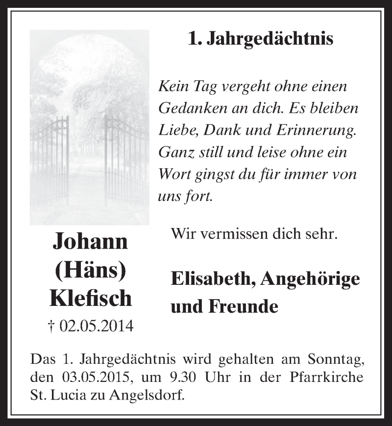  Traueranzeige für Johann Klefisch vom 29.04.2015 aus  Werbepost 