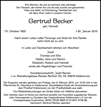 Anzeige von Gertrud Becker von Kölner Stadt-Anzeiger / Kölnische Rundschau / Express