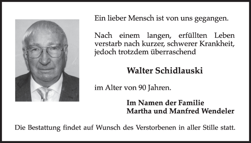  Traueranzeige für Walter Schidlauski vom 22.04.2015 aus  Schlossbote/Werbekurier 