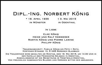 Anzeige von Norbert König von Kölner Stadt-Anzeiger / Kölnische Rundschau / Express
