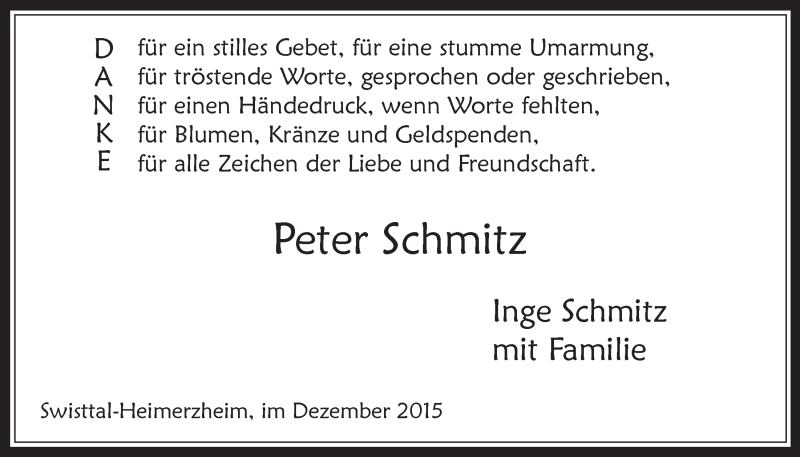  Traueranzeige für Peter Schmitz vom 09.12.2015 aus  Schaufenster/Blickpunkt 