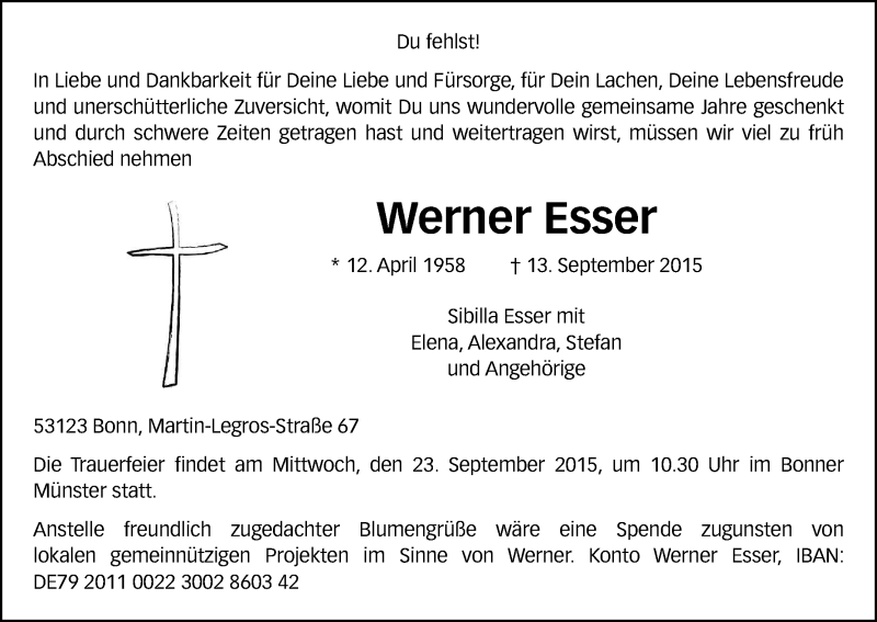  Traueranzeige für Werner Esser vom 19.09.2015 aus Kölner Stadt-Anzeiger / Kölnische Rundschau / Express