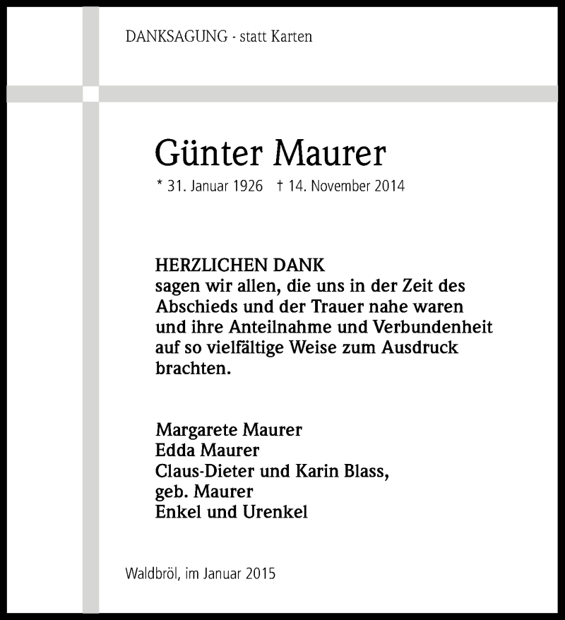  Traueranzeige für Günter Maurer vom 31.01.2015 aus Kölner Stadt-Anzeiger / Kölnische Rundschau / Express