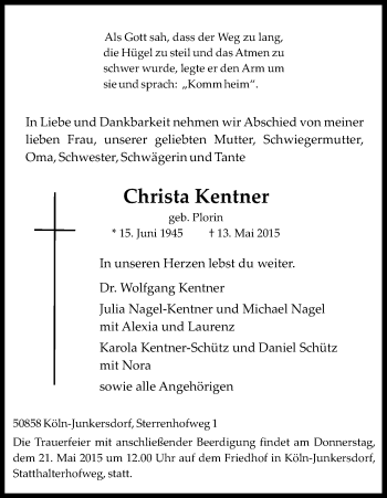 Anzeige von Christa Kentner von Kölner Stadt-Anzeiger / Kölnische Rundschau / Express