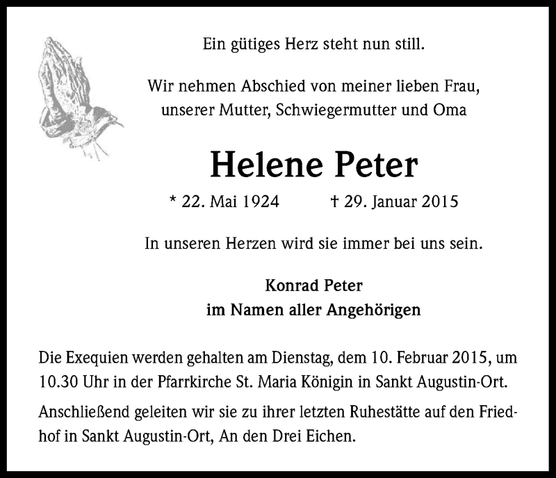  Traueranzeige für Helene Peter vom 07.02.2015 aus Kölner Stadt-Anzeiger / Kölnische Rundschau / Express