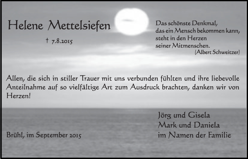  Traueranzeige für Helene Mettelsiefen vom 16.09.2015 aus  Schlossbote/Werbekurier 