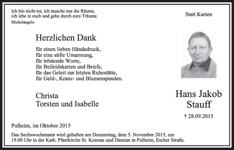  Traueranzeige für Hans Jakob Stauff vom 31.10.2015 aus  Sonntags-Post 