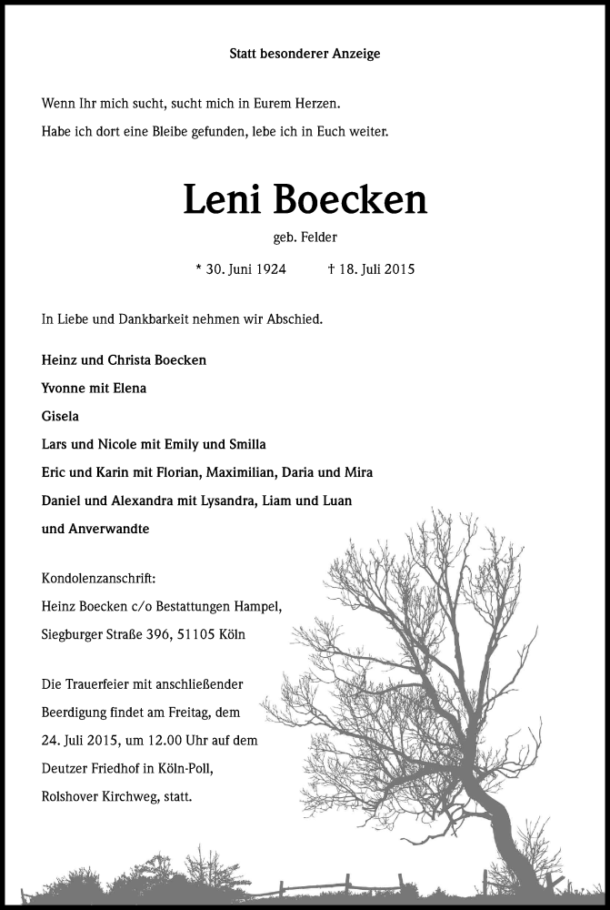  Traueranzeige für Leni Boecken vom 22.07.2015 aus Kölner Stadt-Anzeiger / Kölnische Rundschau / Express