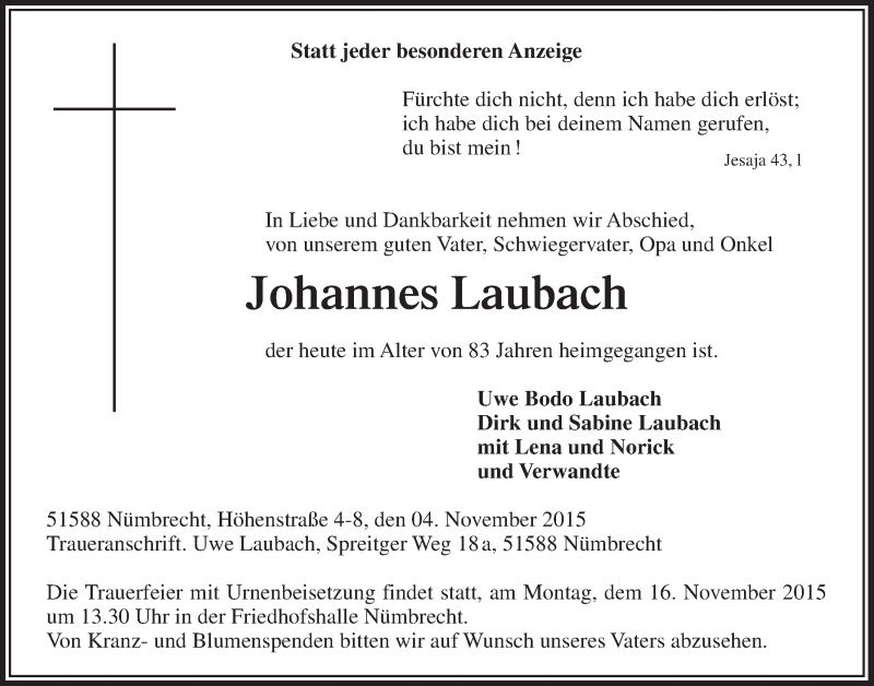  Traueranzeige für Johannes Laubach vom 11.11.2015 aus  Anzeigen Echo  Lokalanzeiger 