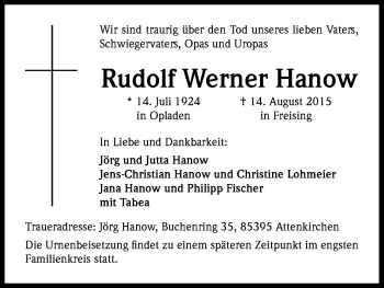 Anzeige von Rudolf Werner Hanow von Kölner Stadt-Anzeiger / Kölnische Rundschau / Express