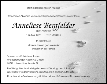 Anzeige von Anneliese Bergfelder von Kölner Stadt-Anzeiger / Kölnische Rundschau / Express