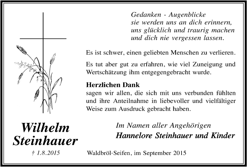  Traueranzeige für Wilhelm Steinhauer vom 23.09.2015 aus  Lokalanzeiger 