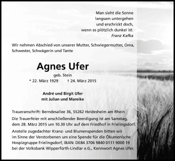 Anzeige von Agnes Ufer von Kölner Stadt-Anzeiger / Kölnische Rundschau / Express