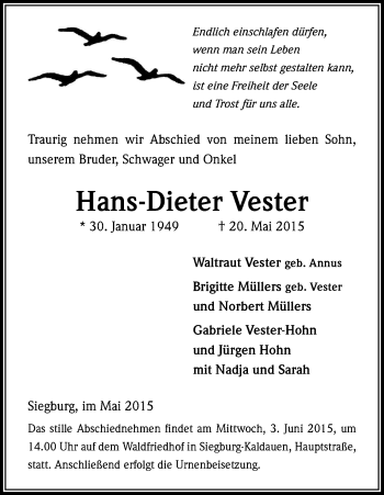 Anzeige von Hans-Dieter Vester von Kölner Stadt-Anzeiger / Kölnische Rundschau / Express