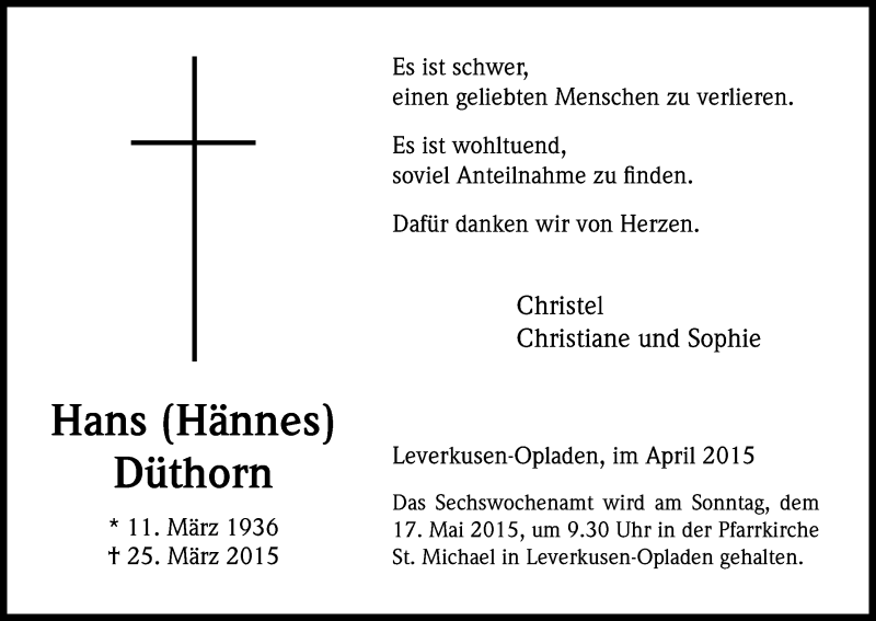  Traueranzeige für Hans Düthorn vom 29.04.2015 aus Kölner Stadt-Anzeiger / Kölnische Rundschau / Express