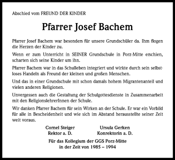 Anzeige von Josef Bachem von Kölner Stadt-Anzeiger / Kölnische Rundschau / Express