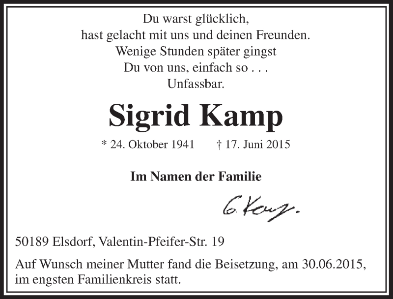  Traueranzeige für Sigrid Kamp vom 04.07.2015 aus  Sonntags-Post 