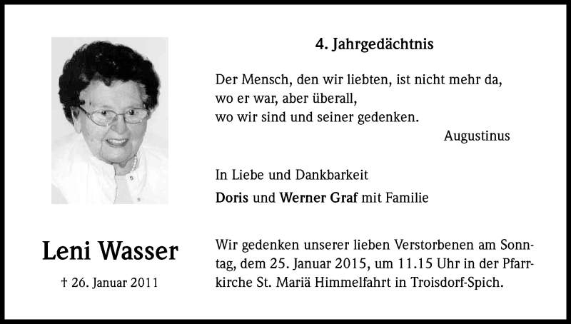  Traueranzeige für Leni Wasser vom 24.01.2015 aus Kölner Stadt-Anzeiger / Kölnische Rundschau / Express