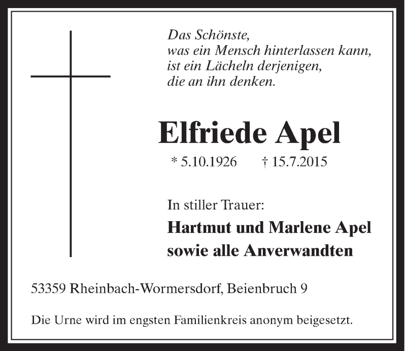  Traueranzeige für Elfriede Apel vom 29.07.2015 aus  Schaufenster/Blickpunkt 