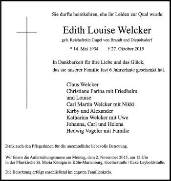 Anzeige von Edith Louise Welcker von Kölner Stadt-Anzeiger / Kölnische Rundschau / Express