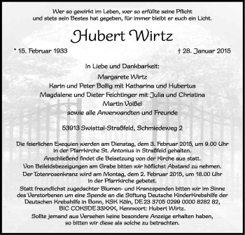 Anzeige von Hubert Wirtz von Kölner Stadt-Anzeiger / Kölnische Rundschau / Express